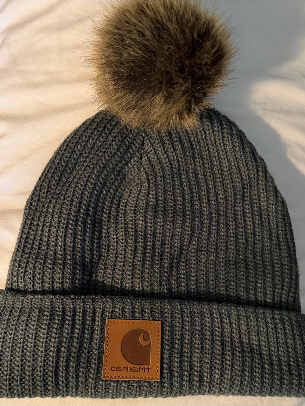Carhartt Gray Ribbed Knit Beanie with Brown Faux Fur Pom